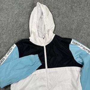 Guess Colorblock Windbreaker Jacket Medium White Black Light Blue Full Zip Men's